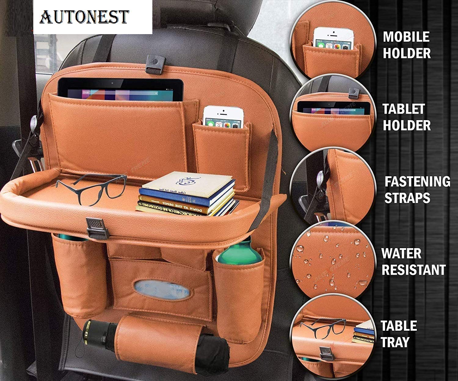 AUTONEST Heavy Leather Car Back seat Organizer with Foldable Dining Table Tray Waterproof Storage Pockets (Tan) for Chevrolet Sail UVA 3