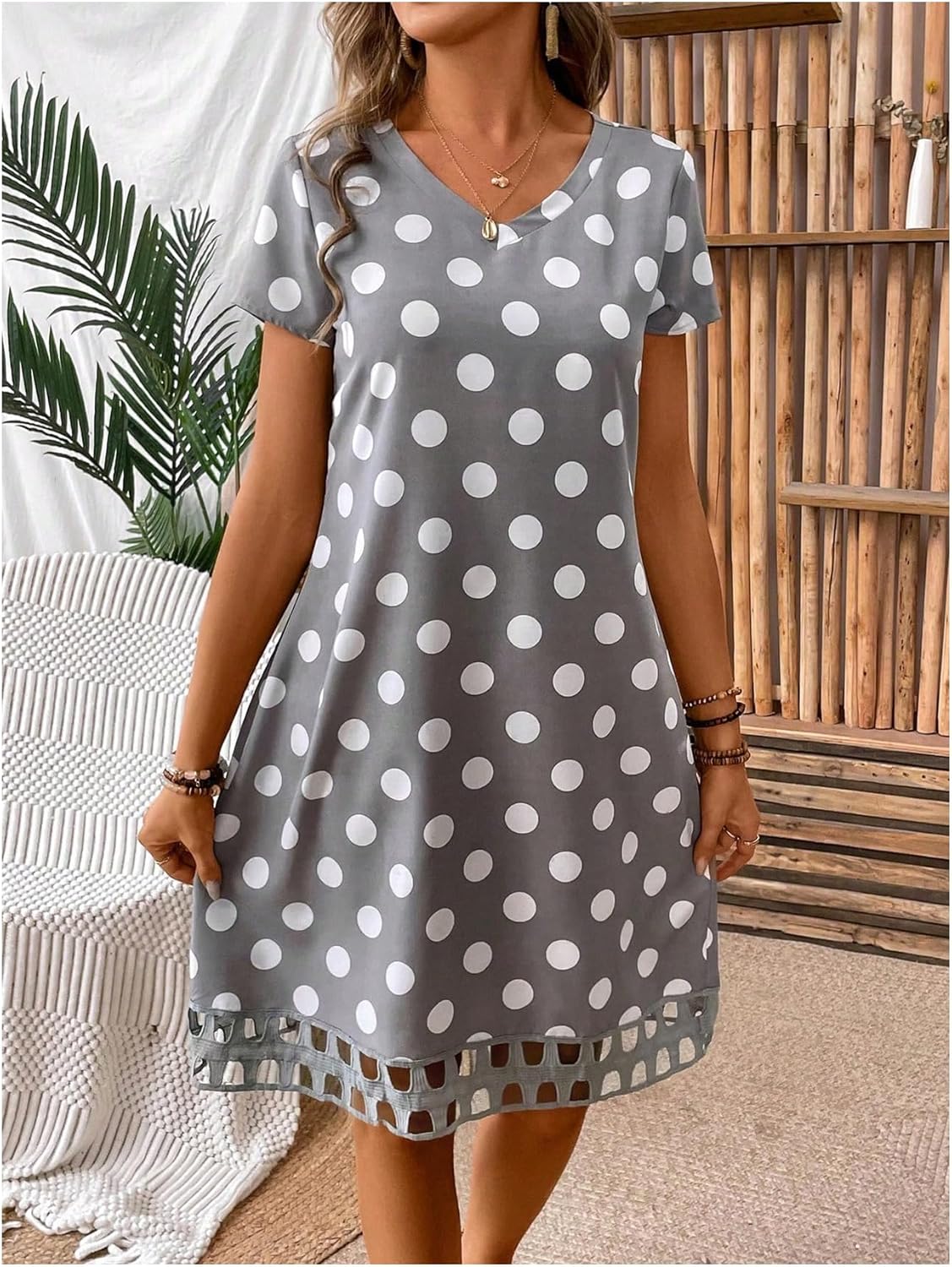 Milumia Women's V Neck Polka Dots Mini Dress Short Sleeve A Line Loose Short T Shirt Dresses - Image 5