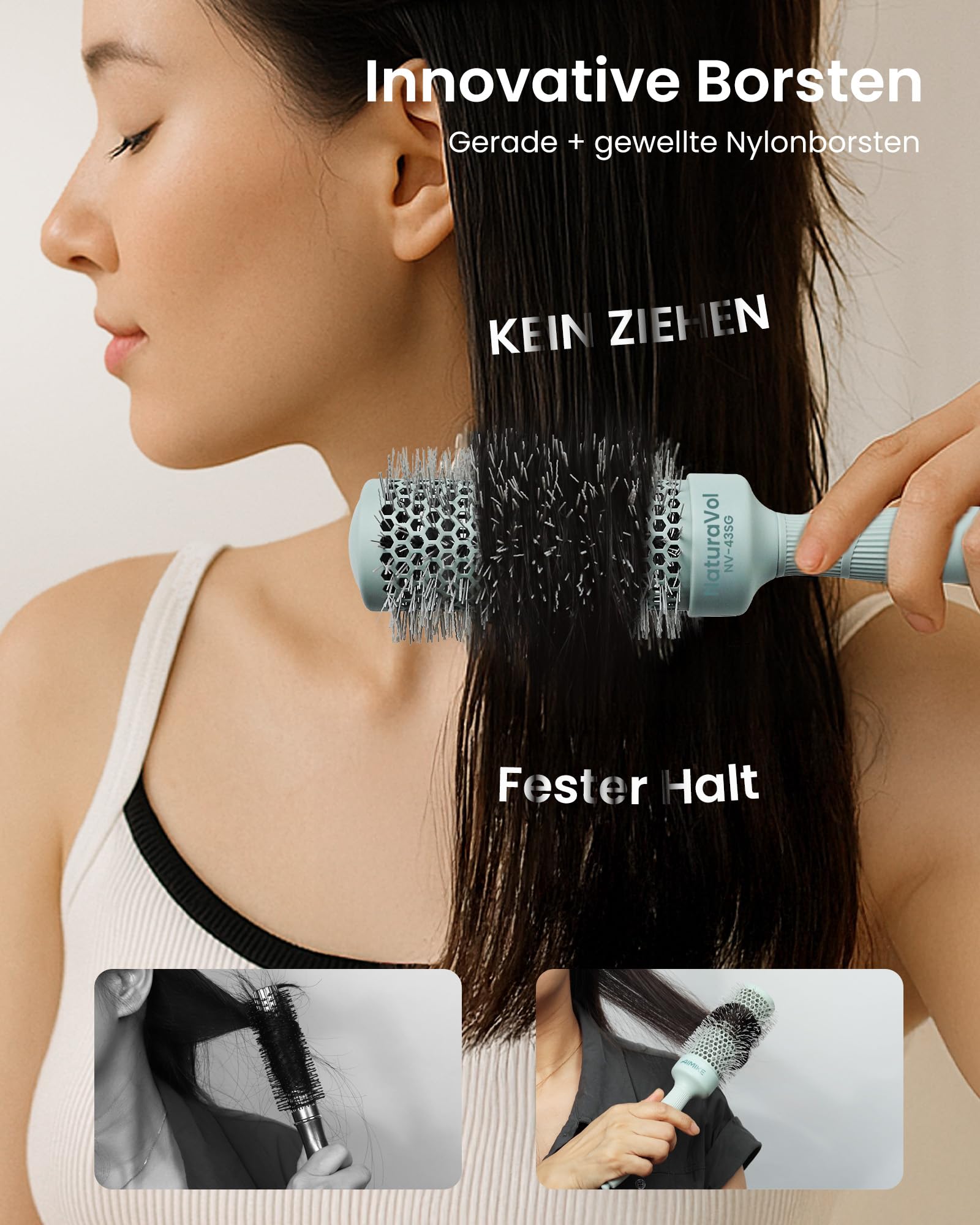 AIMIKE NaturaVol Rundbürste 43 mm, für Volumen & geschmeidiges Haar ohne Ziepen, Rundbürste zum Föhnen für mittellanges Haar & weiche Wellen (63 mm inkl. Borsten)