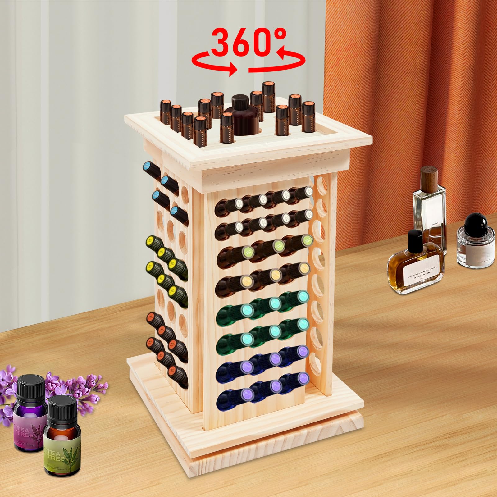 Organisateur rotatif en bois pour huiles essentielles, vernis à ongles, rouges à lèvres, cosmétiques, stain, papier d'essai de parfum avec 125 trous