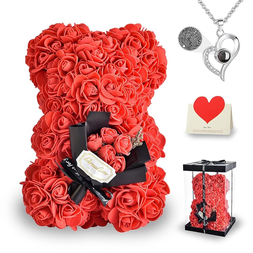 Immagine del prodotto Orsetto di rose, regalo per lei, orsacchiotto di rose, con luci, oltre 250 fiori su ogni rosa, regalo per la festa della mamma, San Valentino, anniversario, con confezione regalo e biglietto d&apos