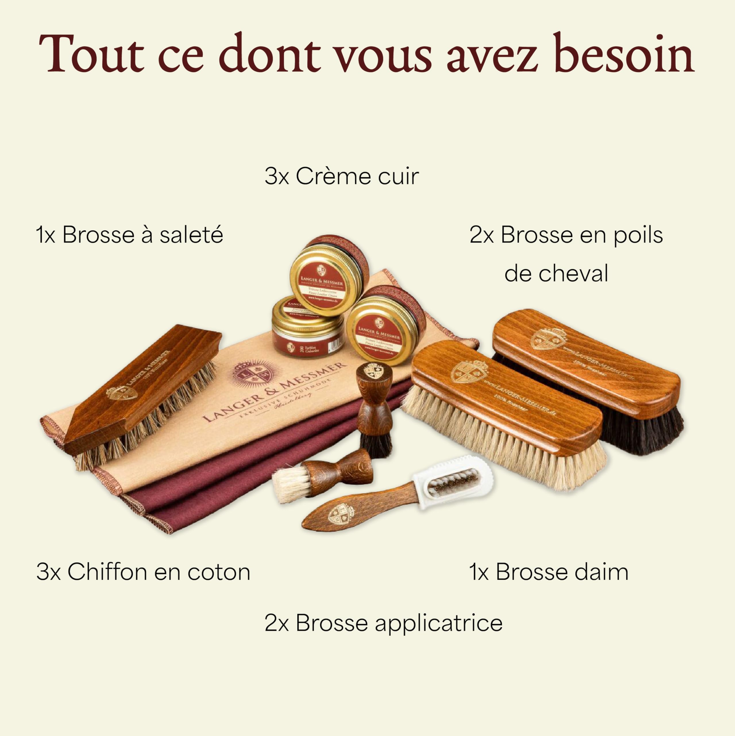 Langer & Messmer kit cirage de chaussures y compris des crèmes d'entretien pour le cuir et des brosses à chaussures de haute qualité en crin de cheval et en poil de chèvre