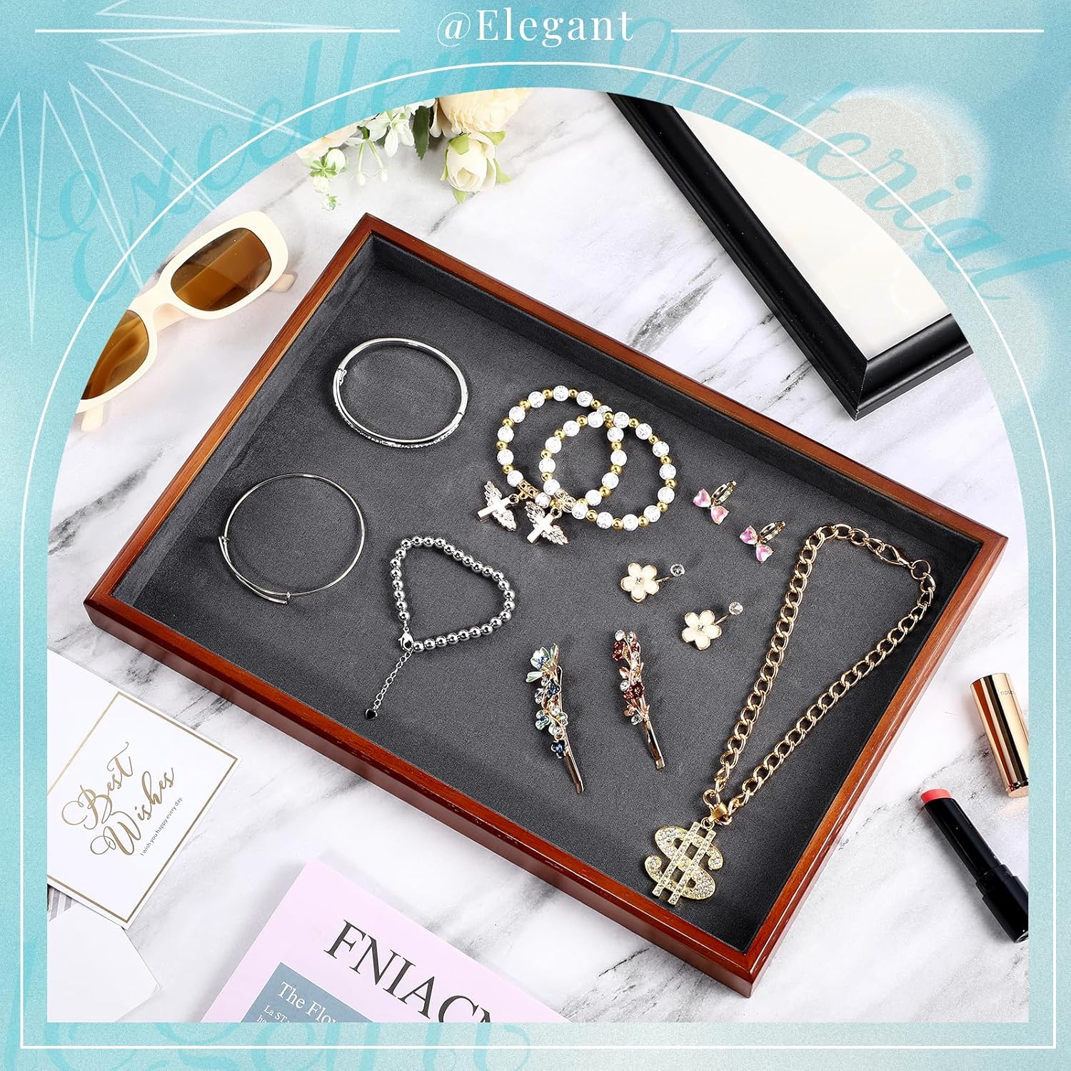 2 Pcs Solid Wood Flat Jewelry Tray Stackable Jewelry Drawer Organizer Showcase Display Organizer Tray