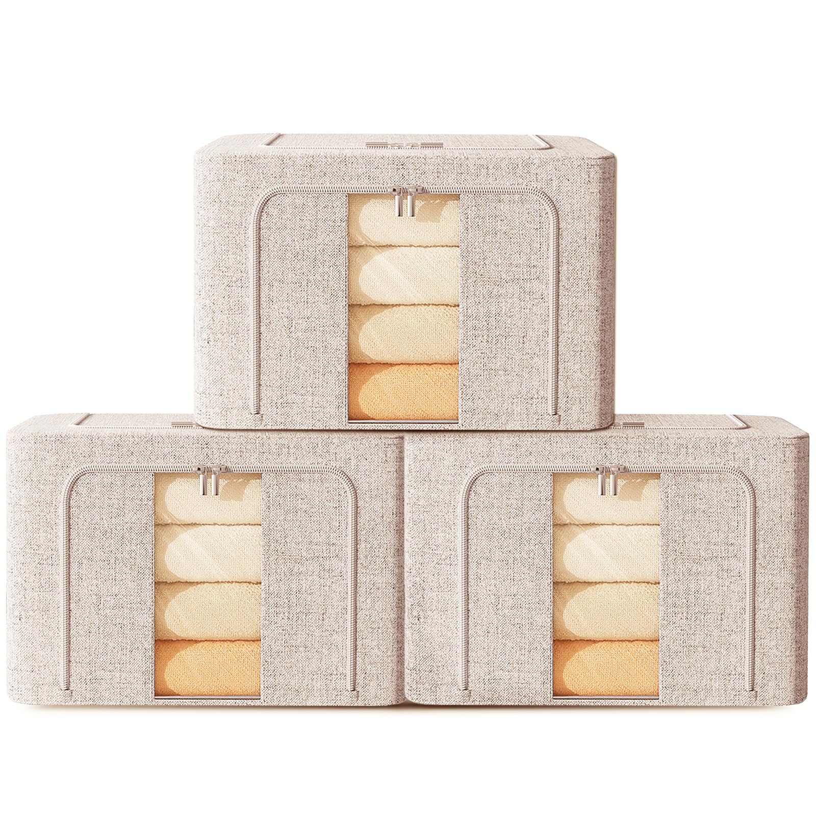 FYTXSZ Clothes Storage Boxes 66L with Metal Frame, Foldable Fabric Storage Bins with Lid and Clear Window, Stackable Organizer Box with Zipper and Handles for Closet, Bedroom (Oatmeal, 66L-3Pack) — image 1