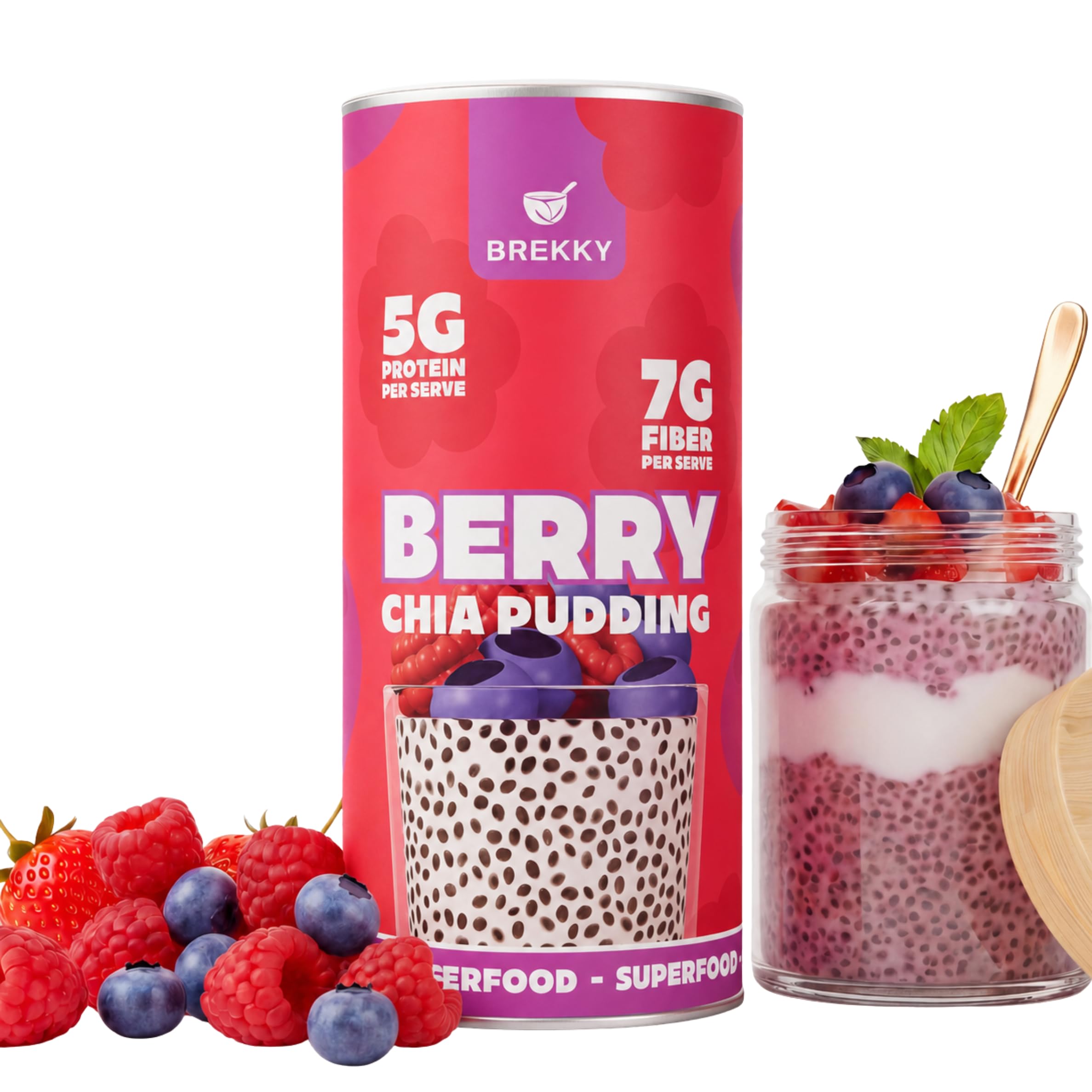 Brekky Chia Pudding Berry – probiotischer Chia Pudding mit Früchten – 100% vegan & natürlich – ohne Zuckerzusatz - 6 g Protein und 7 g Balaststoffe pro Portion – ballaststoffreich & sättigend