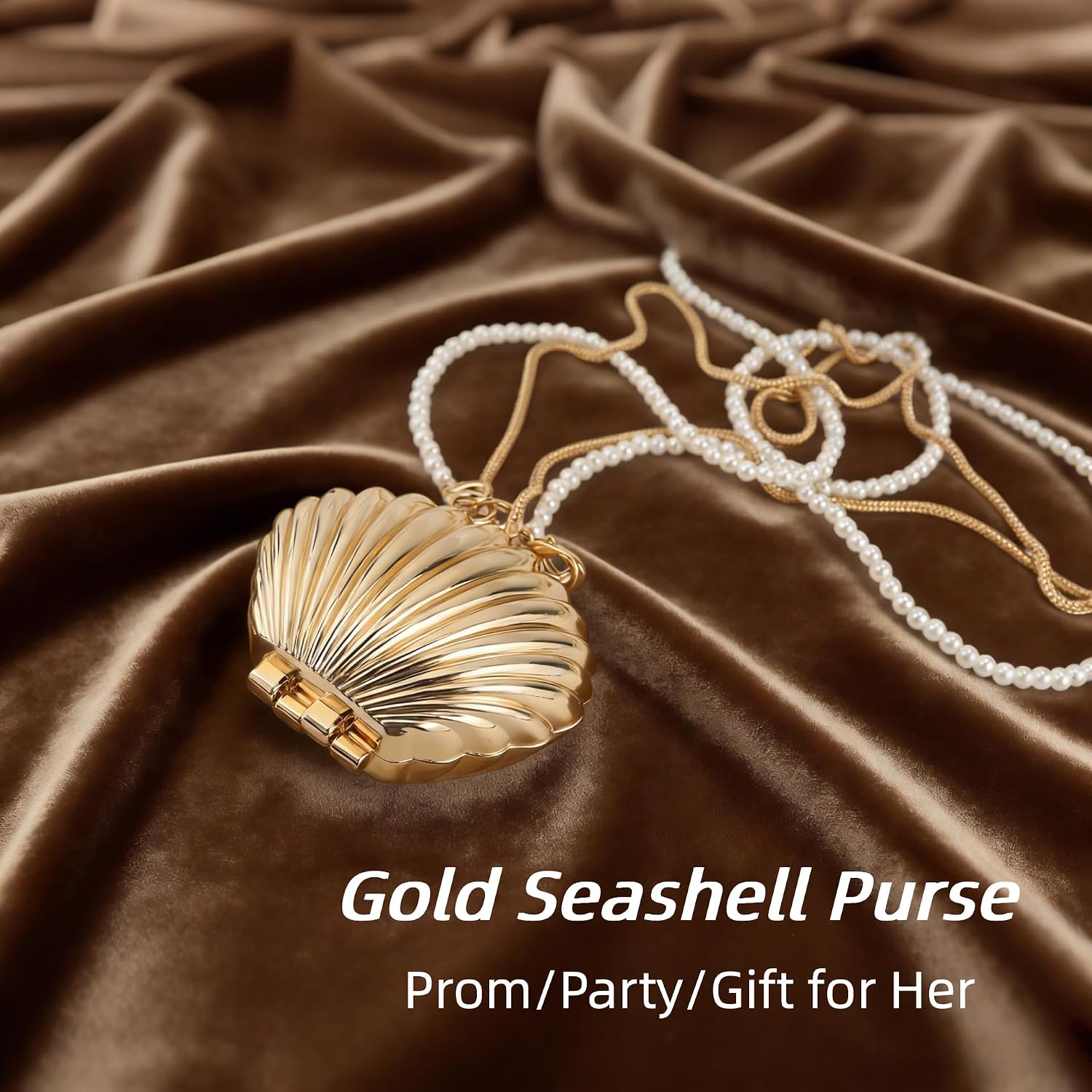 Fancy Mini Gold Seashell Crossbody Bag for Women - Metal Shell Evening Clutch with Detachable Pearl & Metal Double Chains, Magnetic Closure Novelty Purse for Wedding Party Prom Gift | glossy luxury finish
