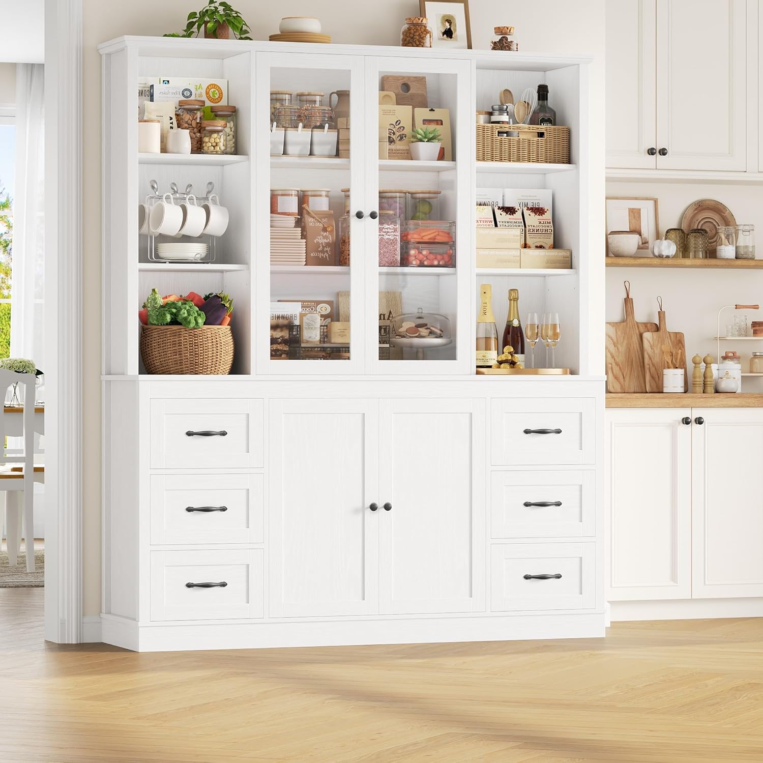 HIFIT 74.4''Hx63''W Large Pantry Cabinet for Food Storage, Kitchen Hutch Cabinet with Storage, Glass Doors Tall Wine Bar Cabinet, Large Bookcase with Drawers, White