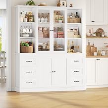 HIFIT 74.4Hx63W Large Pantry Cabinet,Kitchen Hutch Cabinet with Storage | Large White Bookcase with 6 Storage Drawers, Glass Doors Hutch Cabinet for Kitchen Living Dining Room, Heavy-Duty