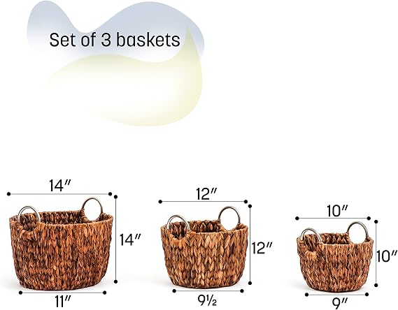 Trademark Innovations Set of 3 Round Hyacinth Baskets with Stainless Steel Handles-Rich Chocolate Finish