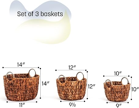 Trademark Innovations Set of 3 Round Hyacinth Baskets with Stainless Steel Handles-Rich Chocolate Finish