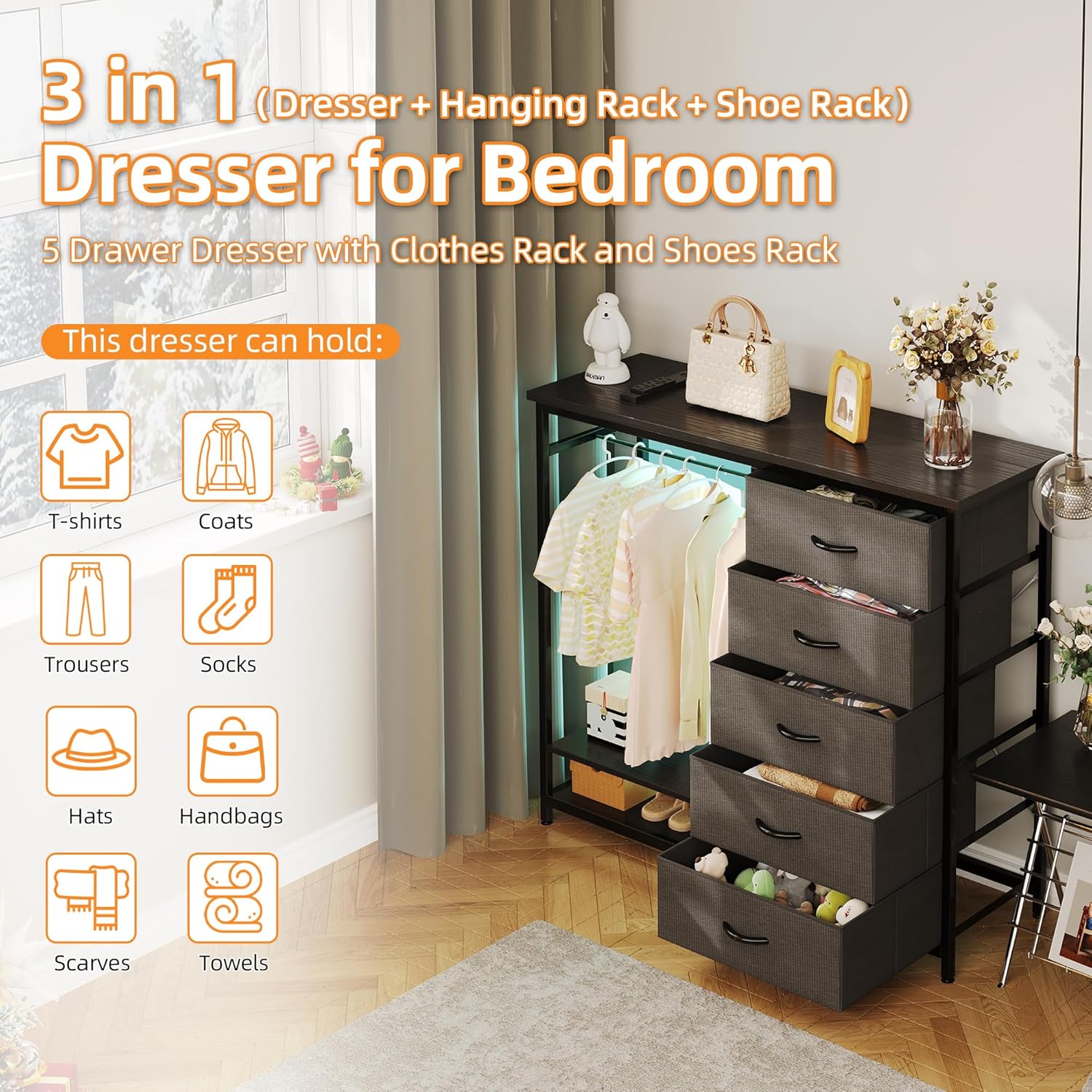 Infographic showing the VERMESS dresser's 3-in-1 functionality (dresser, hanging rack, shoe rack) and illustrating items it can hold, such as T-shirts, coats, trousers, socks, hats, handbags, scarves, and towels.