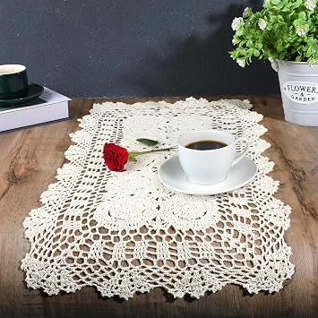 Lace Table Runner 15x28 Inch Rectangular Cotton Handmade Crochet Lace Table Runner Doilies Dresser Scarves Handmade Crochet Floral Placemats Crochets Doilies for Tables