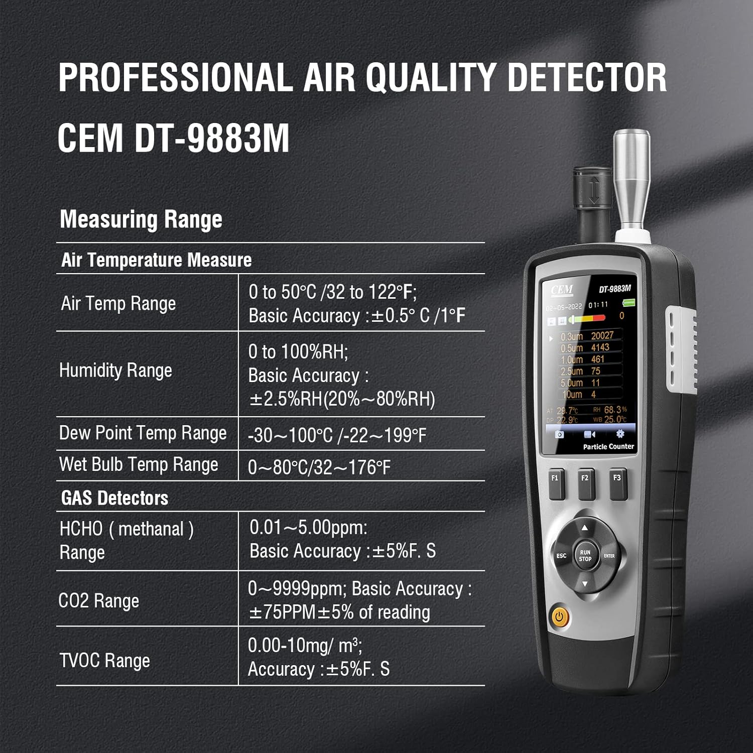 CEM T.ax Included DT-9883M cleanroom Particle Counter PM2.5/10 HCHO CO2 TVOC Air Particle (0.3,0.5,1.0,2.5,5.0,10μm Supports Photos and Camera