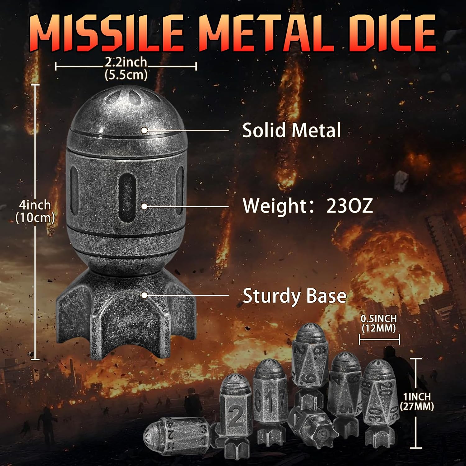 ZHOORQI DND Metal Dice Set with Spinning Missile Container, Cool Bullet Dice Polyhedral Dice for Dungeons and Dragons, RPGs DND Gifts（Missile-Retro Silver）