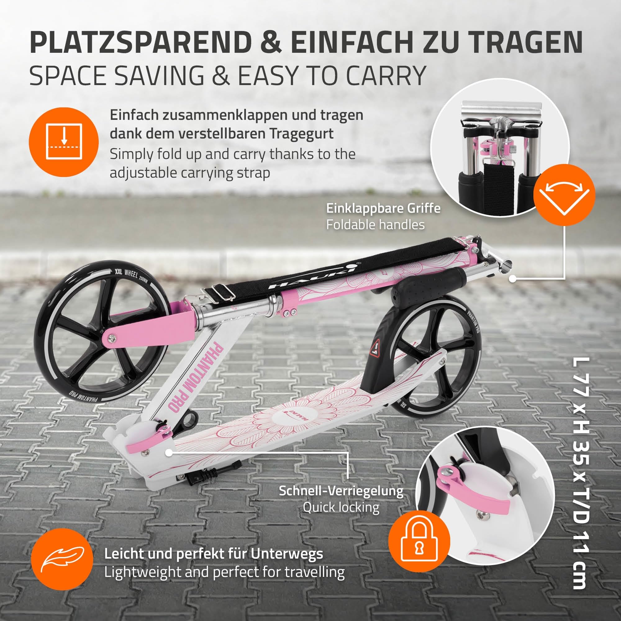 Hauki Cityroller Scooter Vert/Rose, Trottinette Pliable et Réglable en Hauteur, Roues XXL, Frein Arrière à Pédale, pour Enfants Adultes, Modèle Urbaine avec Béquille Sangle Transport Sécurité Stable