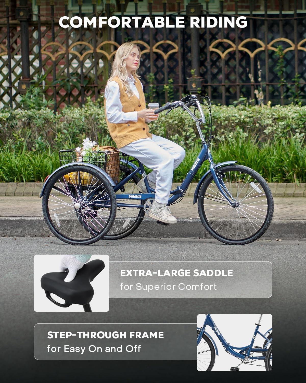 Close-up of the extra-large saddle and low step-through frame of the VIRIBUS tricycle.