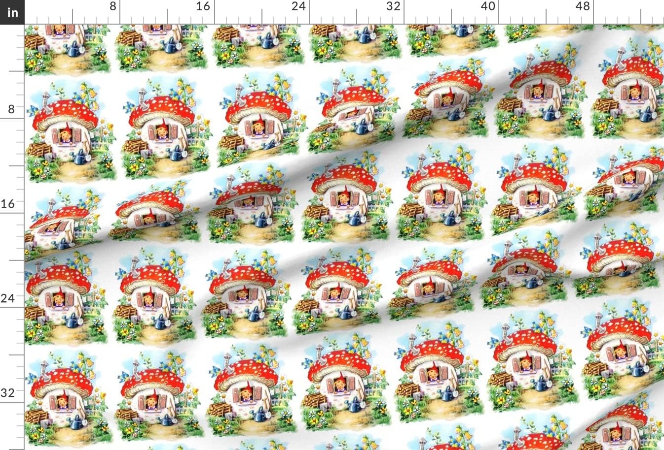 Spoonflower Fabric - Vintage Retro Elves Gnomes Mushrooms Birds Red Bells Daisies Daisy Printed on Minky Fabric by The Yard - Sewing Baby Blankets Quilt Backing Plush