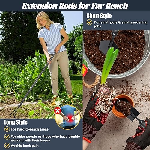 Miniatura 6 de Juego de herramientas de jardín con mango largo extendido, kit de herramientas de jardinería de acero inoxidable, regalos para padres y niños,