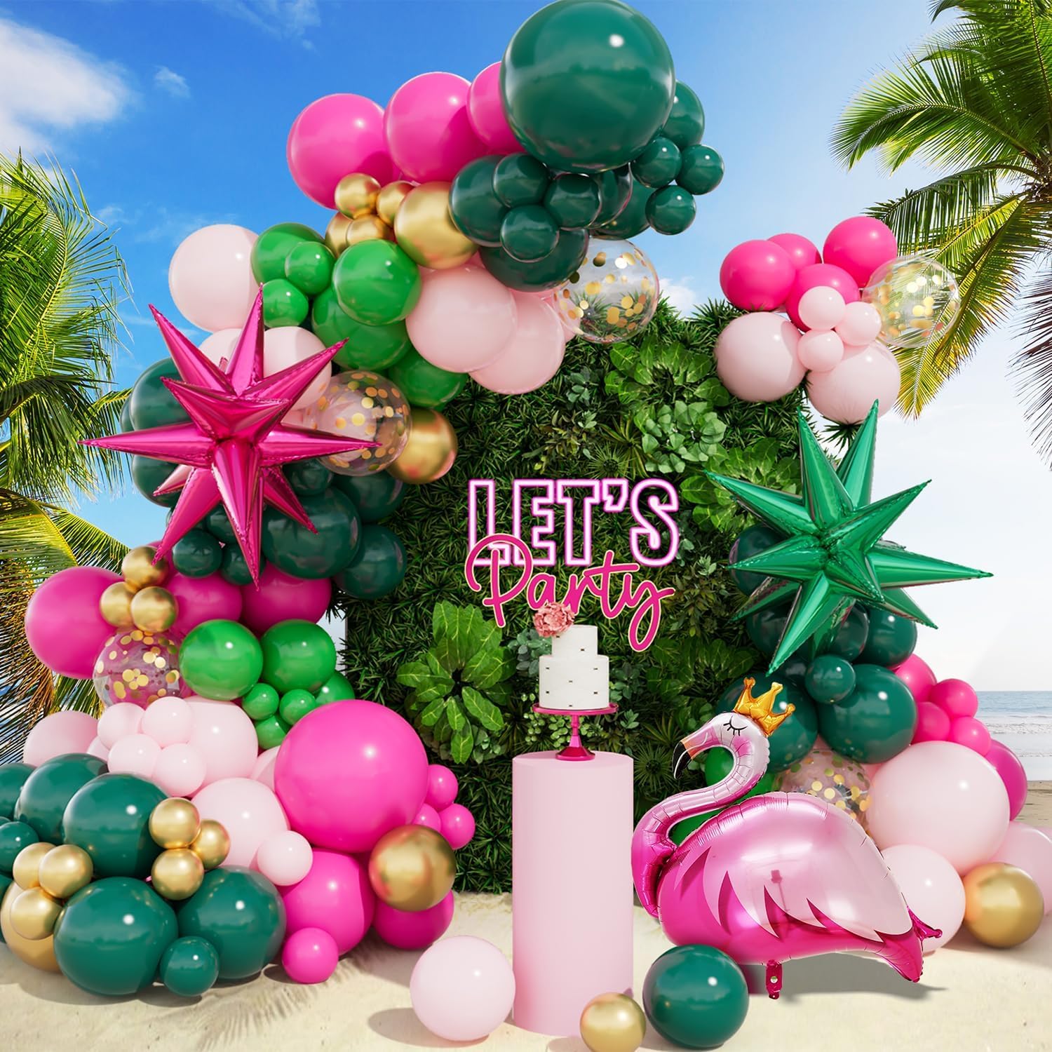 Tropical Flamingo Balloons Garland Arch Kit, Hot Pink Green Macaron Pink Gold Confetti Exploding Star Foil Balloons with Flamingo Foil Balloon for Luau Hawaiian Beach Birthday Party Decorations โ image 1