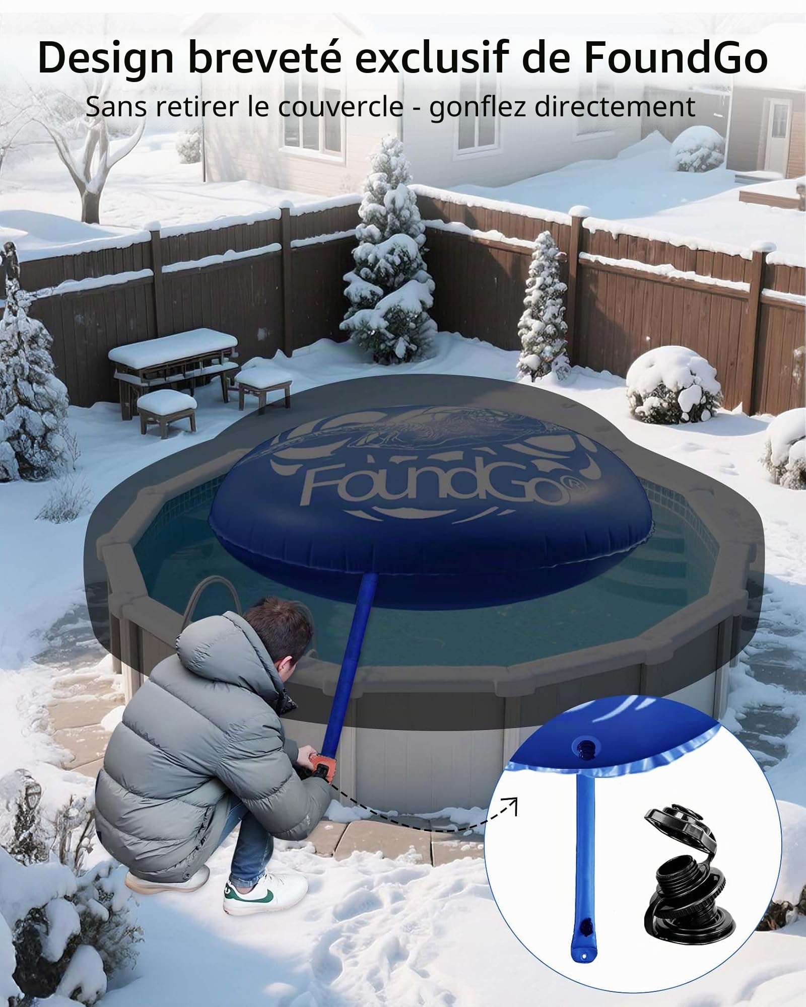 FoundGo Coussin de piscine gonflable [XXL Ø 4 m 0,4 mm] Coussin d'air ultra épais pour piscine - Coussin gonflable pour l'hiver - Avec valve de regonflage pour piscine - Avec 2 bobines de corde et 4