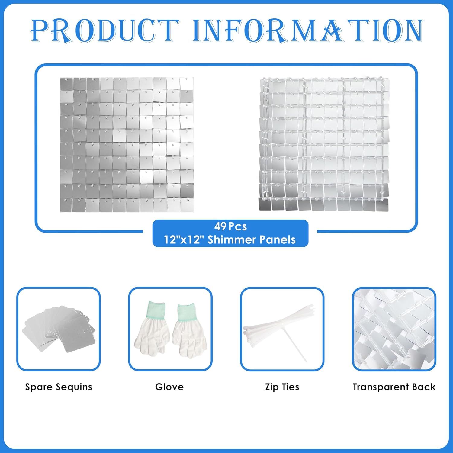 Shimmer Wall Backdrop Silver 7FTx7FT Square Sequin Wall Panel Backdrop Decor for Wedding Anniversary Birthday Party, 49 Panels