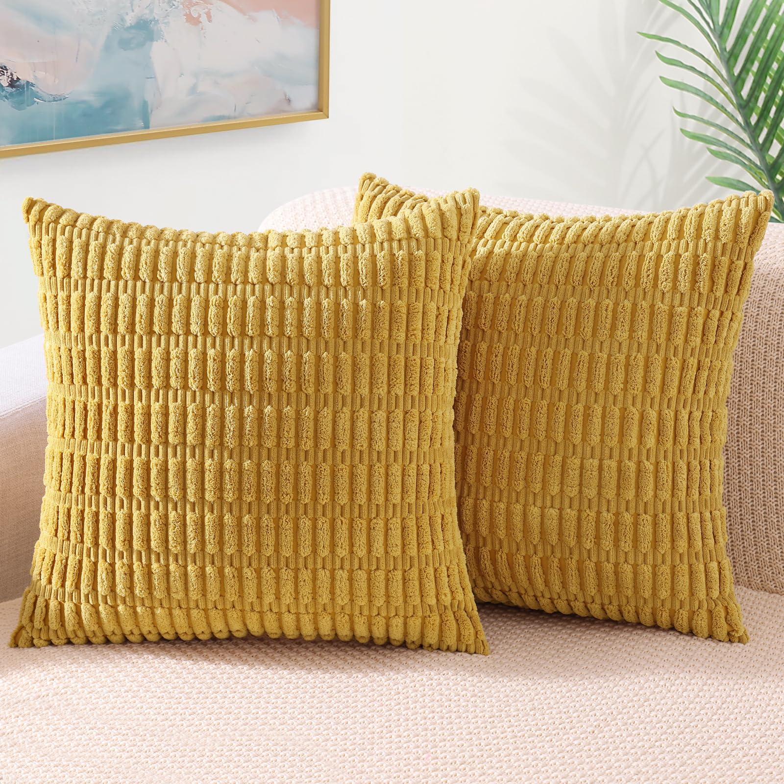 Housse de coussin en velours de qualité supérieure rayé jaune moutarde decorUhome 40cm