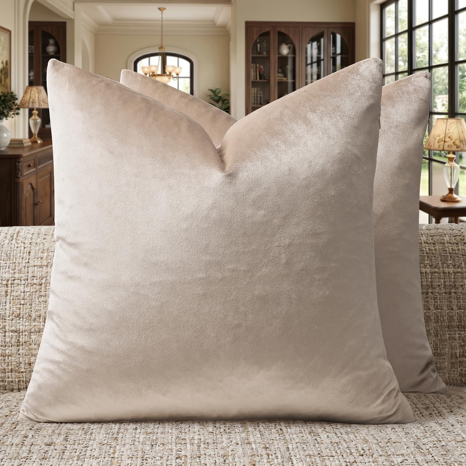 GIGIZAZA Decorative Couch Throw Pillow Cover,Sofa 18x18 Cream Throw Pillows,Square Farmhouse Velvet Throw Cushions