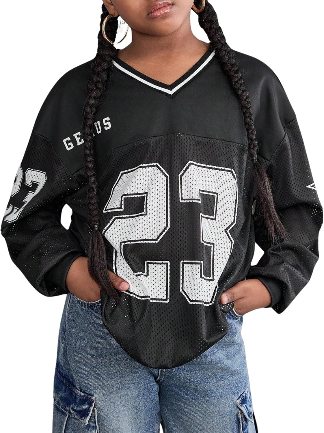 Floerns Girl's Kids Basketball Jersey T Shirt Long Sleeve V Neck Number Print Tee Shirts