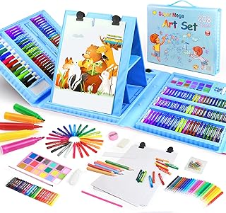 TOMMYHOME Drawing Kit 208PCS Deluxe Colouring Art Set for Kids 6-12 Drawing & Painting Set with Watercolour Drawing Colouring Pencils for Children Kid Girls Boys (Blue-208PCS)