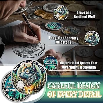 Brave Wolf 2 Year Sobriety Coin, One Day at a Time AA Coin, Sobriety Gifts