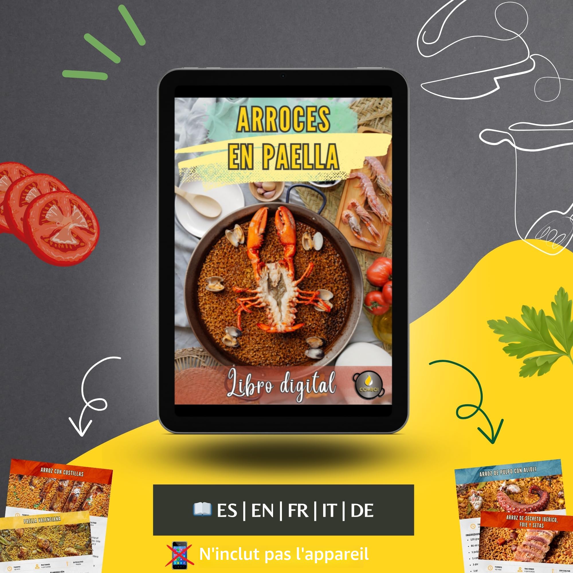COMBOI - Poêle à paella gaz butane 40 cm, poêle à paella de 46 cm, support de pieds renforcés, niveau, tablier, livre de recettes numérique.