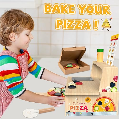 Miniatura 6 de Juguete de pizza de madera  48 piezas Montessori pretender Play Food para mayores de 3 años, juguete educativo de aprendizaje de madera con horno
