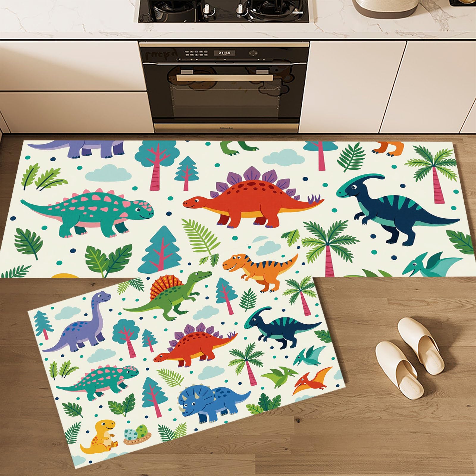 Alfombra de cocina antideslizante con diseño de dinosaurios y gran absorción en color cian