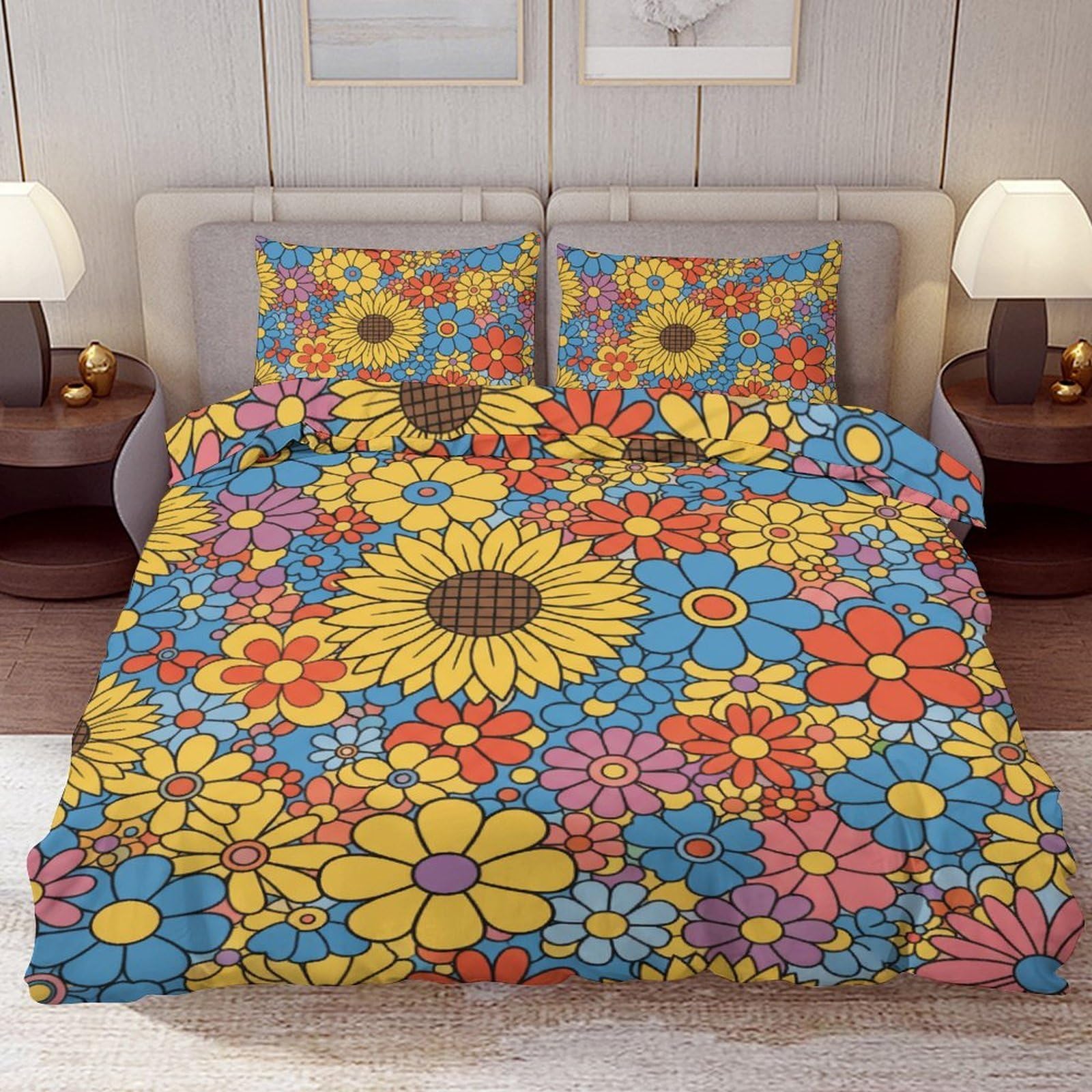 Delerain Comforter Cover Set Twin Size, Retro 60s Hippie Flower 3-Piece Bedding Set for Boys Girls Teens Modern Soft Microfiber Bedroom Set Room Decor, 1 Duvet Cover + 2 Pillowcases