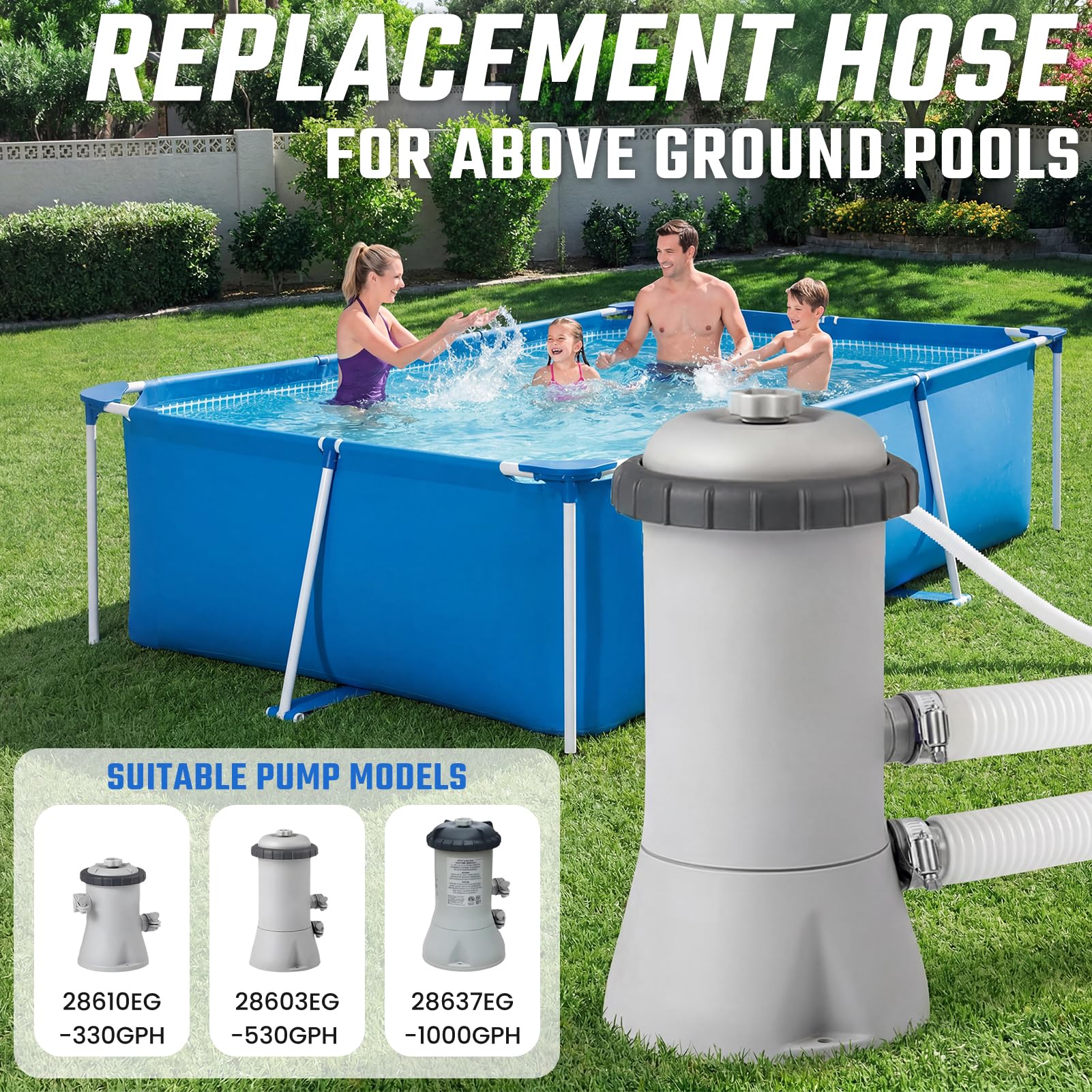 Tuyau Piscine 32mm/1,25, Tuyau de Rechange pour Piscine 150cm de Long avec 4 Pince Métallique, Accessoires de Pompe de Piscine pour Piscines Hors Terre Filtre Intex, Bestway (Paquet de 2)
