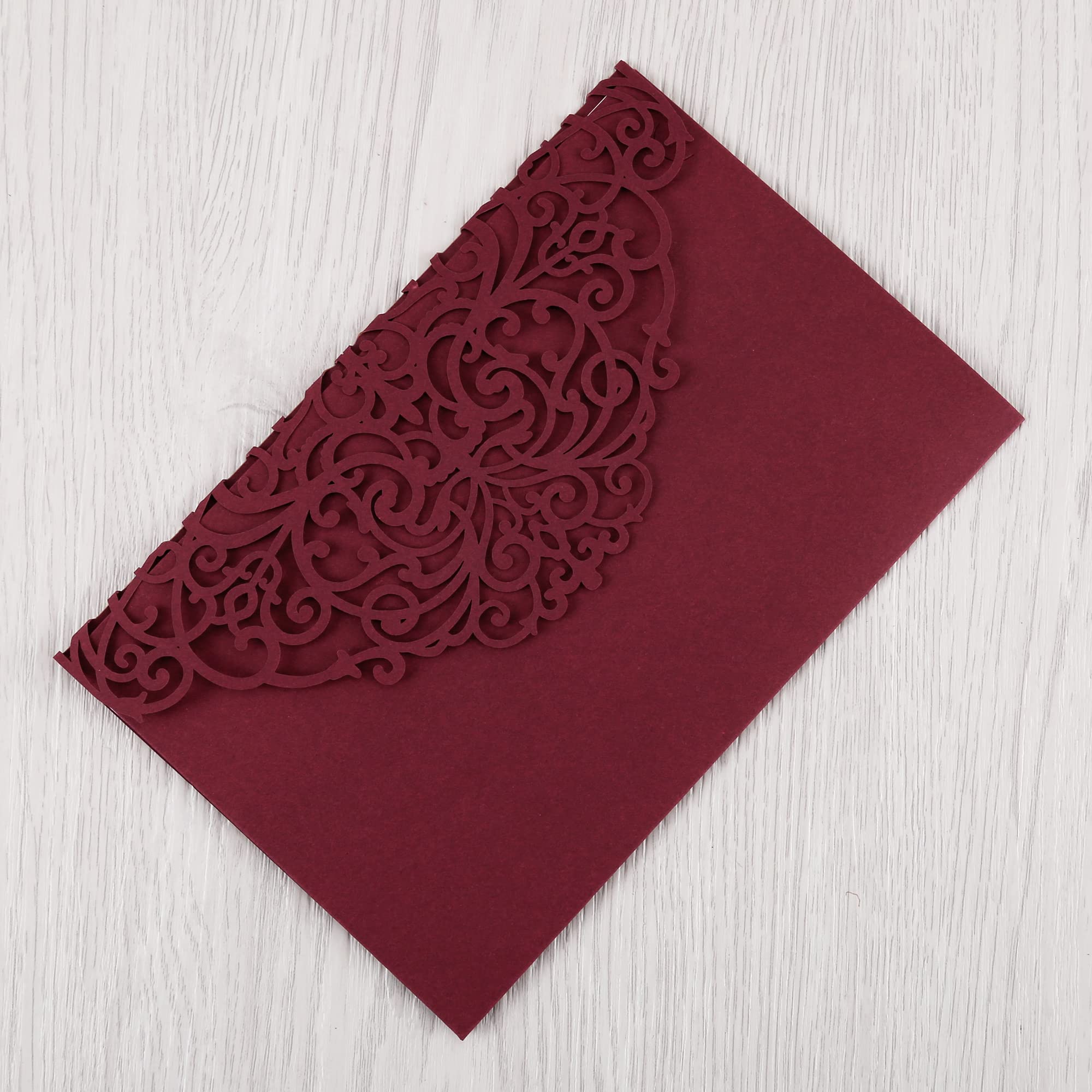 DORIS HOME 50pcs Burgundy Blank 4.7x7 Inch Wedding Invitation Kits Laser Cut Hollow Rose Pocket Wedding Invitations with Envelopes For Wedding Bridal Shower Engagement Invite