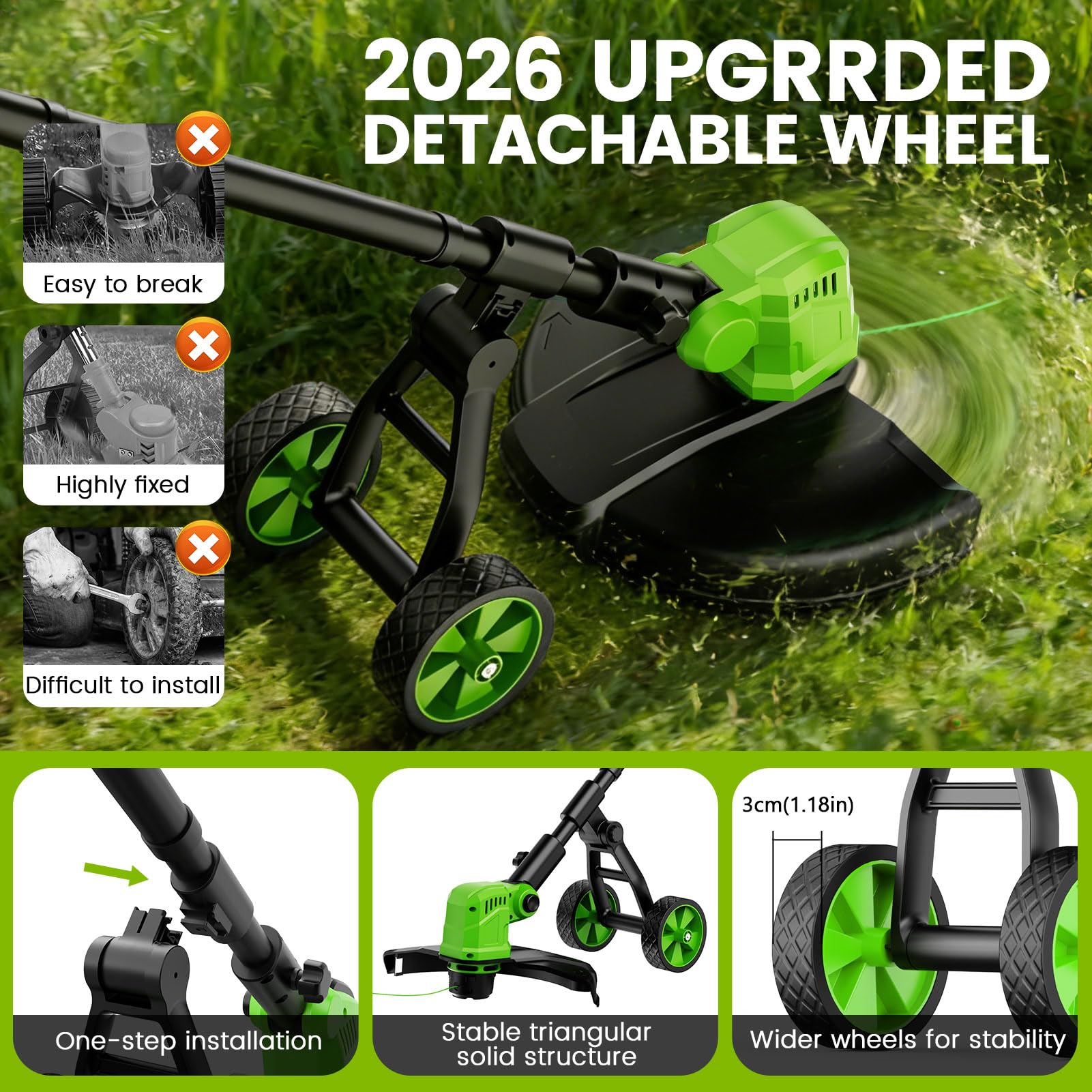 Desbrozadora Bateria con Ruedas, 21V Desbrozadora Electrica con 2 * 3.0 Ah Baterías,800W Motor sin Escobillas,Ancho de Corte 36CM,Cortadora de Césped con 8 Bobinas de Repuesto para Jardín y Césped