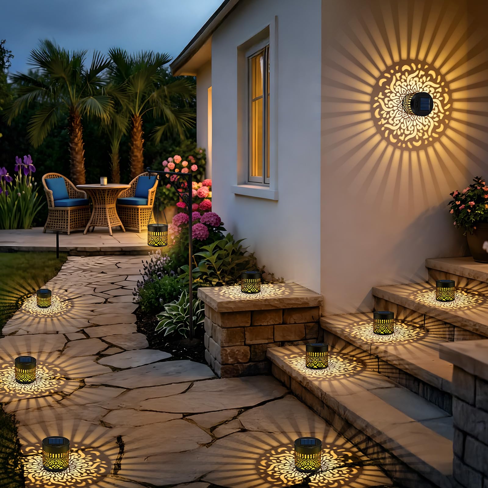 FLSEPAMB Lampade solari per esterni da giardino, 2 pezzi, in metallo, per esterni, IP65, impermeabili, per terrazze, balconi, campeggio, decorazione