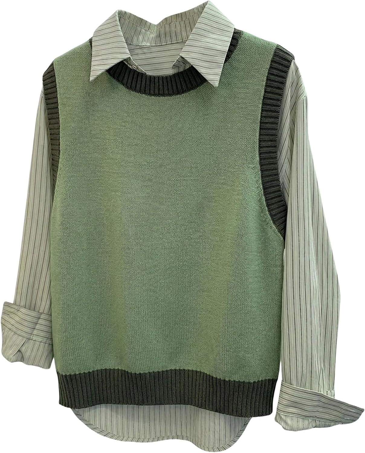 Women's Plus Size Crew Neck Sweater Vest Vintage Color Block Sleeveless Knit Dressy Casual Sweater Tops