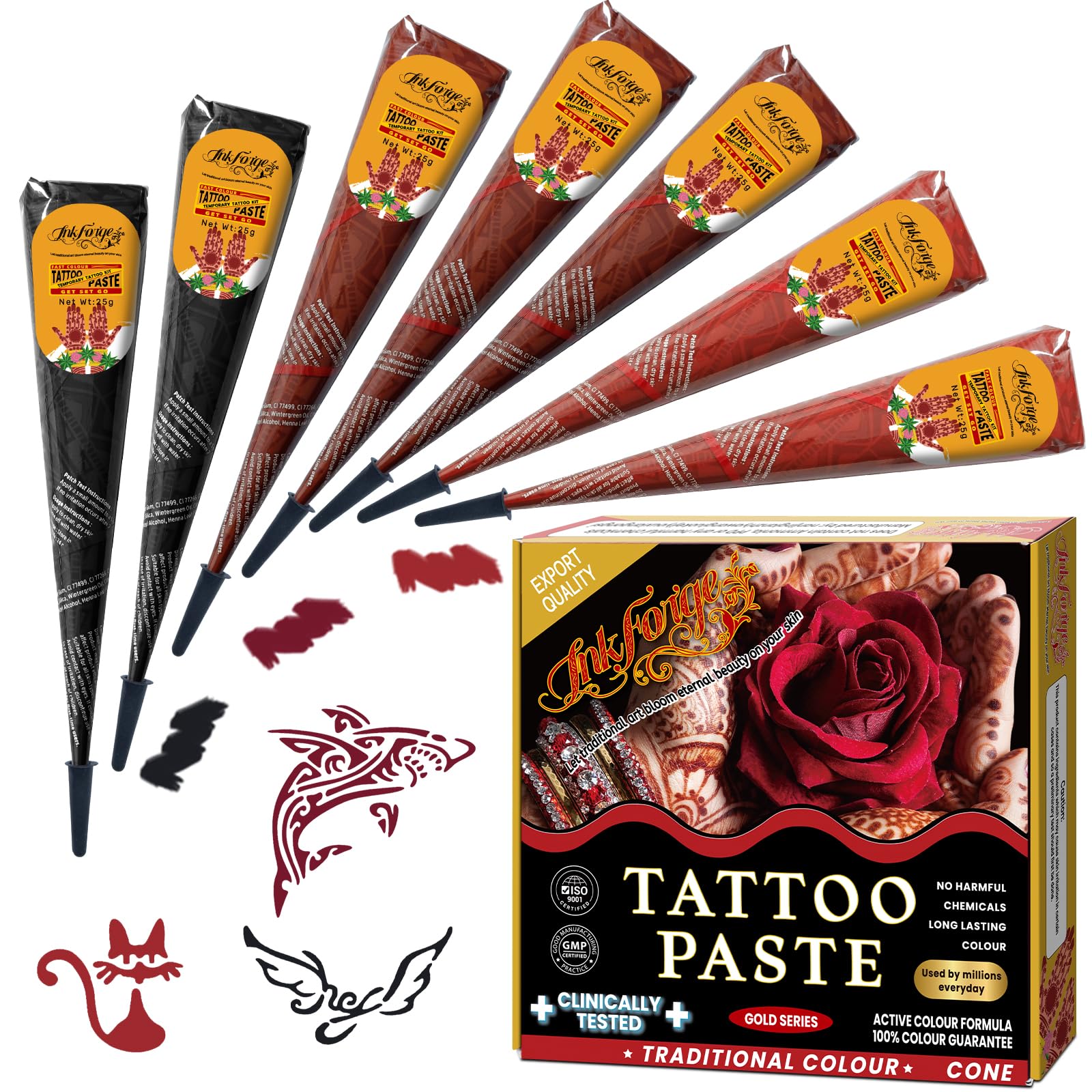 7 Pcs Temporary Tattoo Cone Kit, Tattoo Cones 3 Color (2 Black,2 Cherry Red,3 Reddish-Brown) ，India Body Art Skin Paint Tattoos Paste for Women, Men & Teens, Perfect for Festivals, Party & Gifts 3color 7 PCS