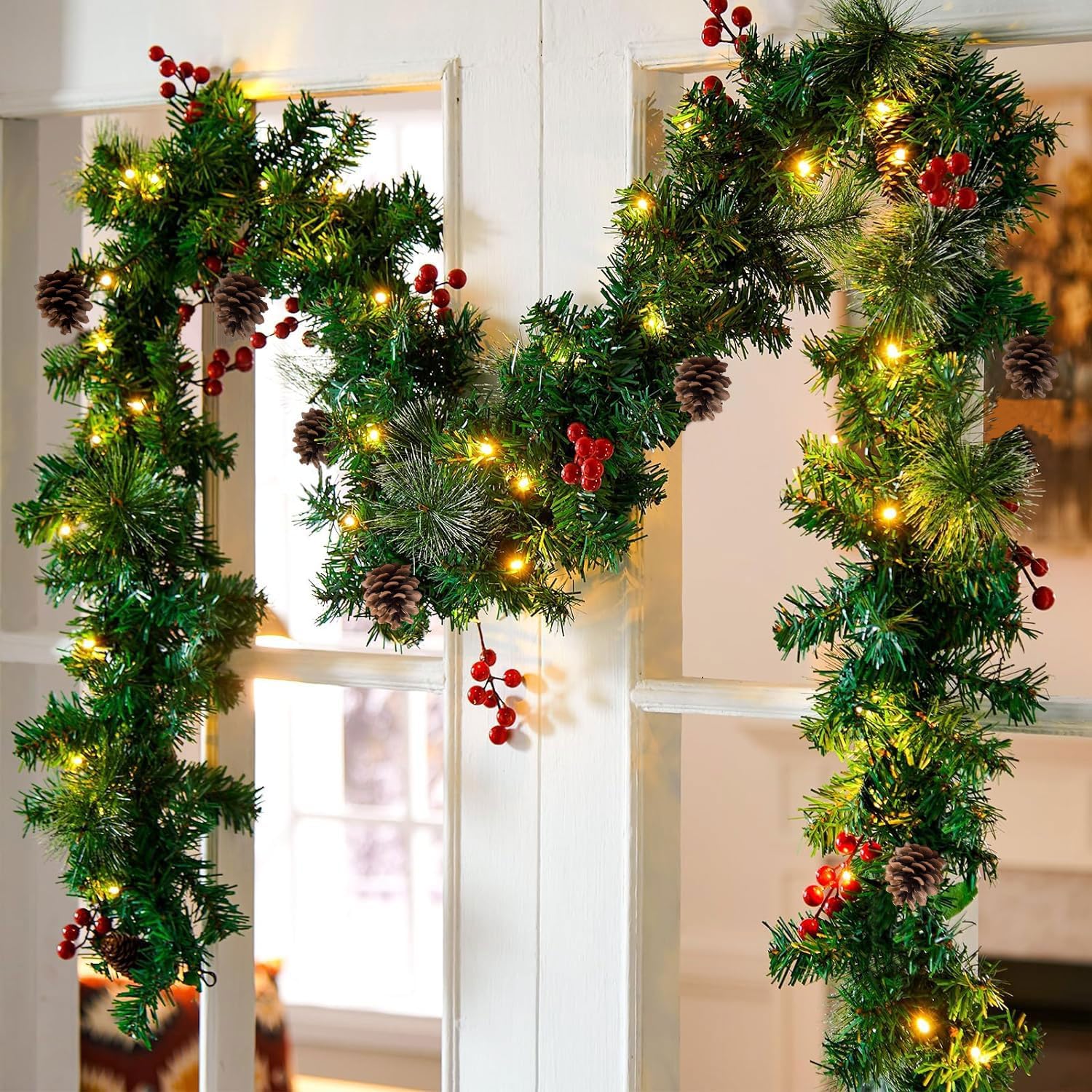 LIODUX Christmas Garland Decoration, Green Rattan with Red Flower Decorations and Battery Operated LED Lights for Home Stairs Fireplace Front Porch Door Display Indoor Outdoor Christmas Decor -270cm