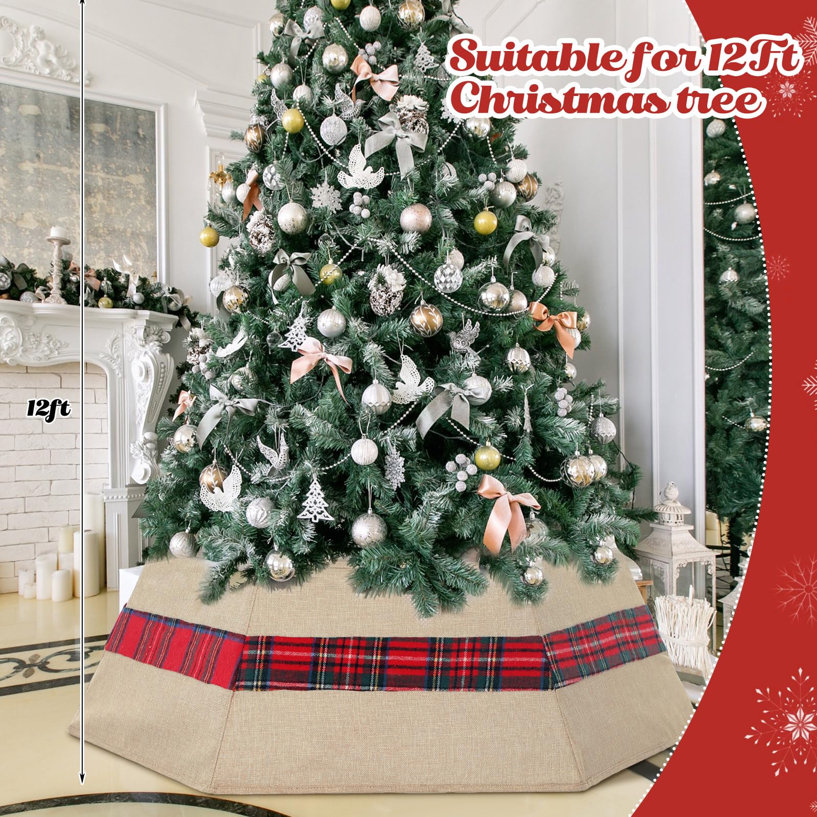 Jenaai 42 Inch Extra Large Tree Burlap Collar with Red Buffalo Plaid for 12ft Large Christmas Tree Xmas Tree Ring Christmas Tree Skirt for Holiday Party Decoration, Easy Set up