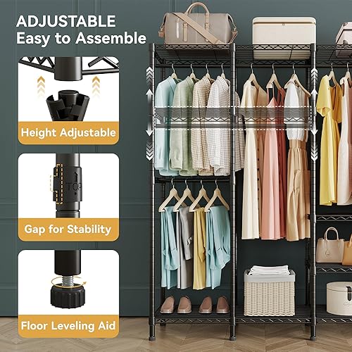 Miniatura 6 de H5 Perchero de alambre extra grande, perchero de ropa resistente, perchero independiente para colgar ropa, armario con estante ajustable, 93.3