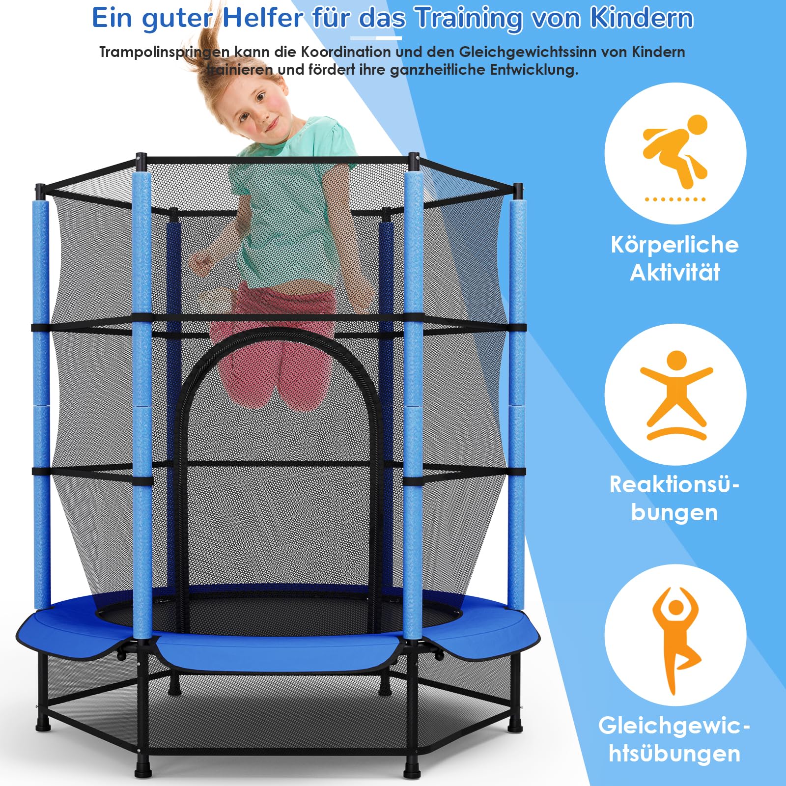 LIFERUN Trampolín para niños, para Exteriores, diámetro de 140 cm, para Interiores y niños, con Red de Seguridad, para Entrenamiento y Entretenimiento, hasta 50 kg, Juguete para niños