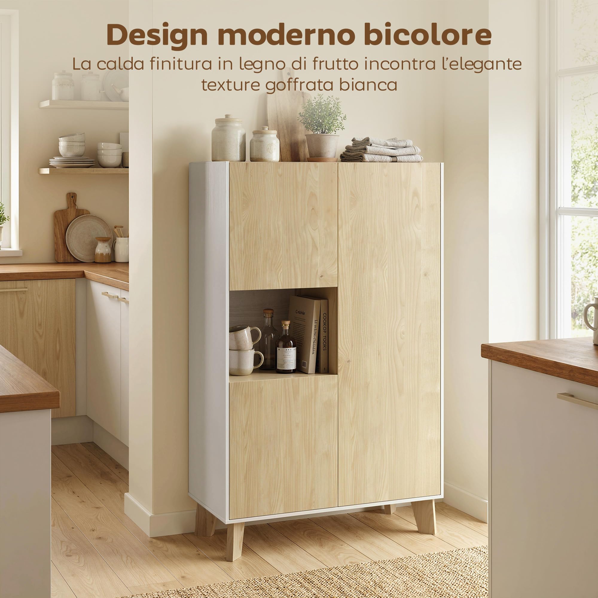 HOMCOM Credenza Cucina, Mobile Cucina 6 Scomparti Bianco e Color Legno | Credenza Buffet, Ante a Chiusura Ammortizzata, Soggiorno, Salotto, Sala da Pranzo