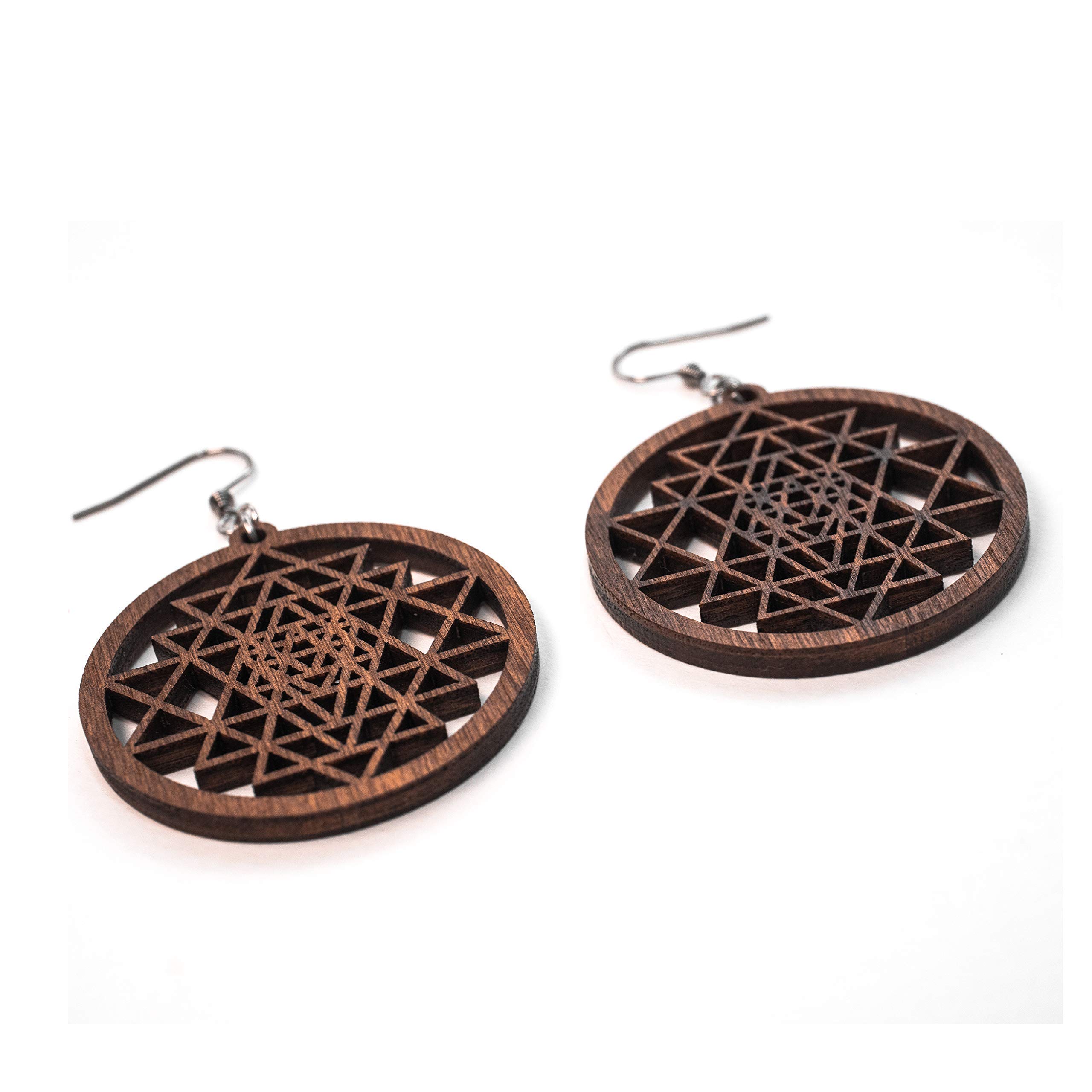 Wooden Dangle Earrings Sri Yantra, 0g, 40 mm, Yoga Jewelry, Budda Earrings, Mandala Zen Boho Gift