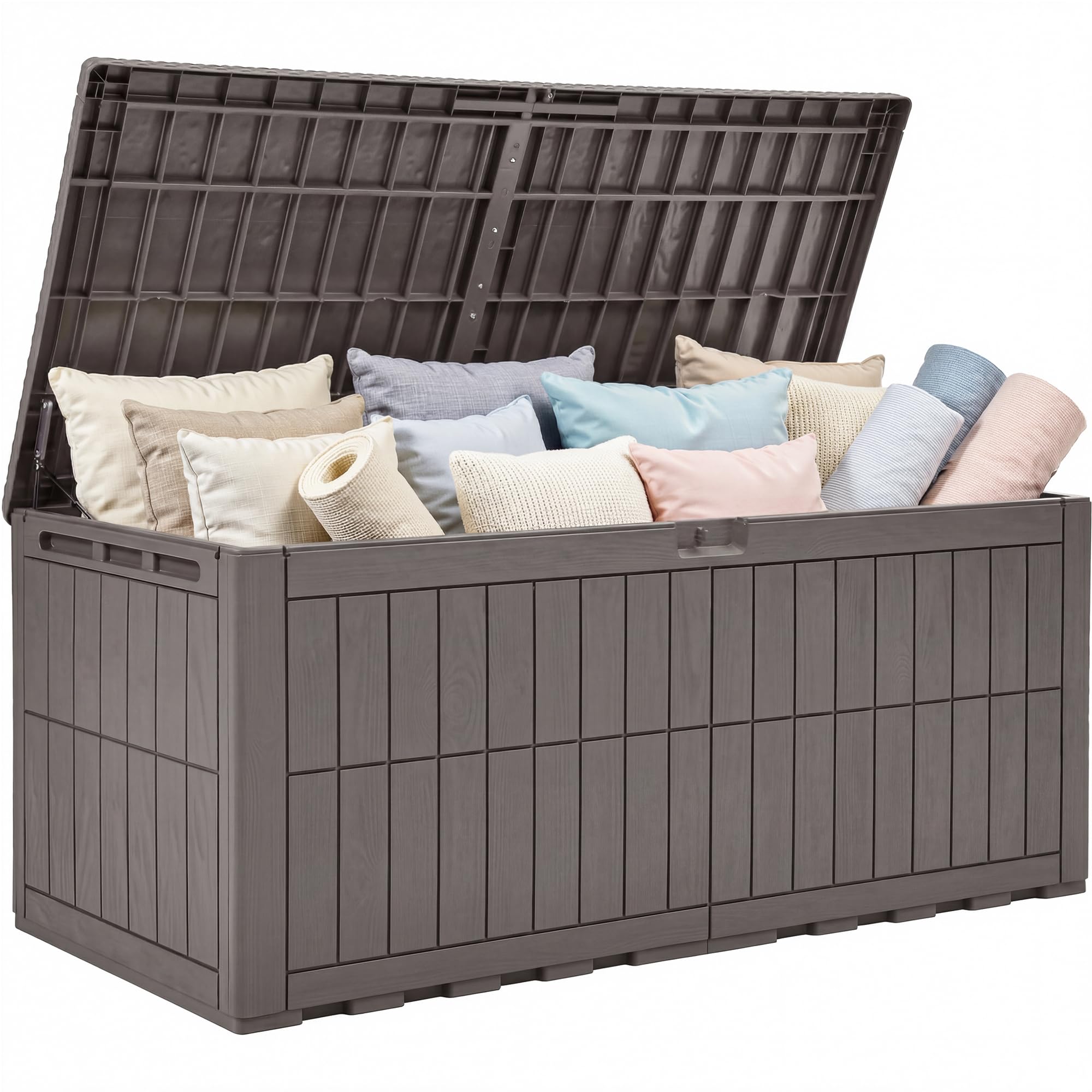 YITAHOME 833L Large Outdoor Garden Storage Box, Waterproof Resin Deck Box with Lock & Hydraulic Piston, 3-Person Bench Seat for Patio Cushions & Garden Tools, UV-Resistant & Weatherproof, Light Brown