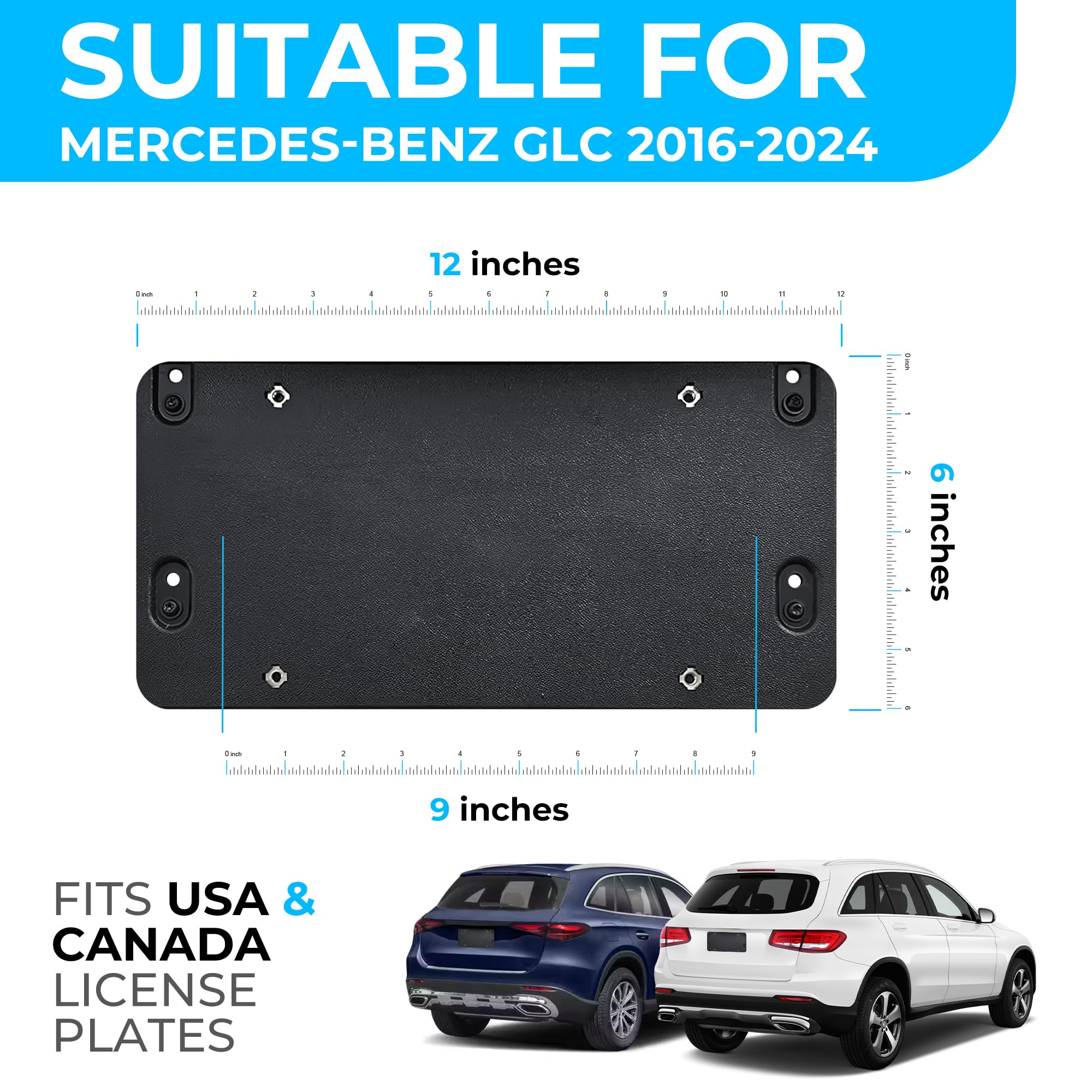 Rear Plastic Bumper License Plate Bracket for Mercedes-Benz GLC 2016-2024, Plate Holder Set w 8 Unique Screw Bolts & Wrench Kit, License Tag Mounting Kit, Premium Car Accessories