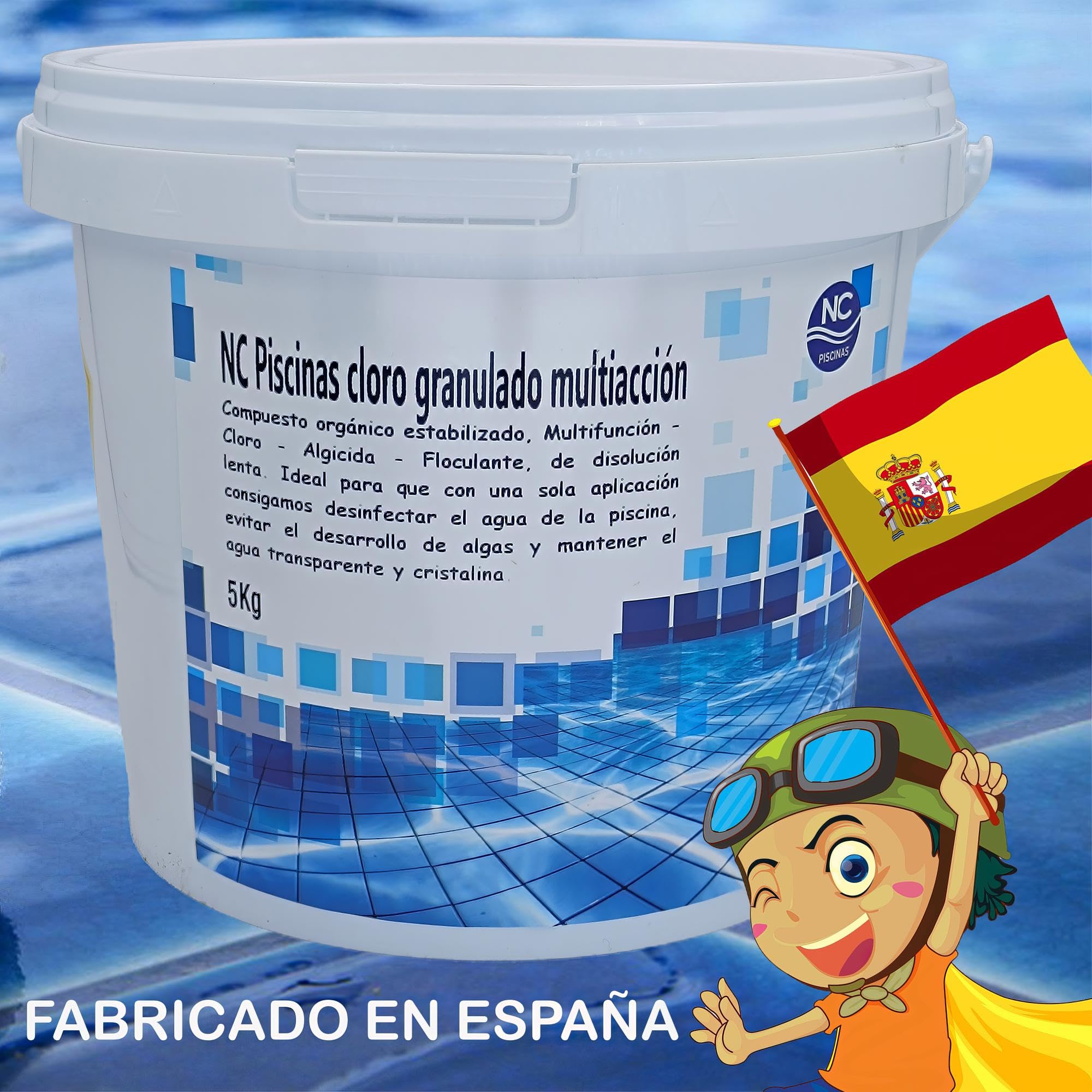 NC Cloro Granulado Multiacción 5 kg para Piscina | Disolución lenta, desinfectante, alguicida, bactericida, floculante y estabilizante, Fabricado en España