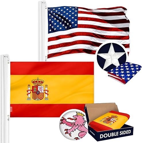 G128 Paquete combinado bandera estadounidense de Estados Unidos de 3 x 5 pies bordada con estrellas y bandera de España (española) de 3 x 5 pies de